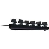 Black Logitech G413 TKL SE mechanical gaming keyboard with elevated keys and compact design.