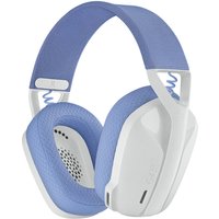 White and blue Logitech G435 wireless gaming headset with cushioned ear cups and adjustable headband.