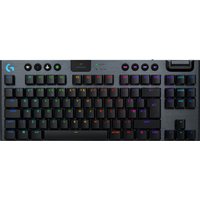 Black Logitech G915 X LIGHTSPEED keyboard with RGB backlit keys, wireless connectivity, and UK QWERTY layout.