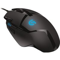 Black Logitech G Hyperion Fury G402 wired gaming mouse with blue logo, multiple buttons, and sleek ergonomic design.