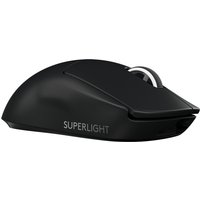 Black Logitech G PRO X SUPERLIGHT wireless gaming mouse with sleek design and white scroll wheel.