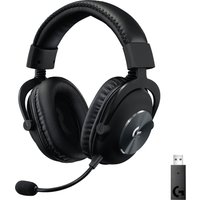 Black Logitech G PRO X Wireless Gaming Headset with padded ear cups, detachable mic, and USB adapter.