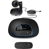 Logitech Group video conferencing system with black speakerphone, remote control, camera, and microphone pod.