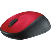 Red and black Logitech LGT-M235R wireless mouse with ergonomic design and scroll wheel.