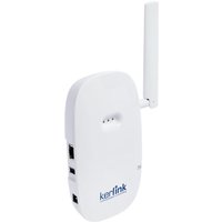 White Logitech LoRaWAN Gateway with vertical antenna, multiple ports, and kerlink logo on front.
