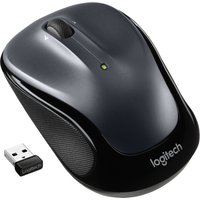 Black and gray Logitech M325s wireless mouse with scroll wheel, USB receiver, and ambidextrous design.