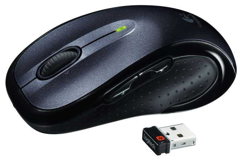 Logitech M510 wireless mouse in dark gray with a smooth finish, featuring a scroll wheel, seven buttons, and a USB unifying receiver for connectivity.