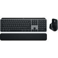 Black and aluminum Logitech wireless keyboard and mouse combo for Mac with QWERTY UK layout and wrist rest.