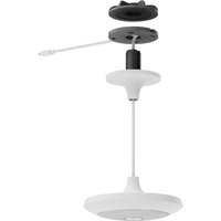 White Logitech Mic Pod Pendant Mount with black ceiling attachment and adjustable cable.