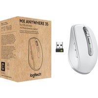 White Logitech MX Anywhere 3S mouse with ergonomic design, side buttons, and USB receiver, next to brown packaging box.
