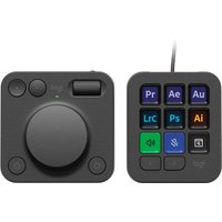 Graphite Logitech MX Creative Console Keypad with dial, buttons, and Bluetooth/USB connectivity.