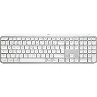 White Logitech MX Keys S keyboard, aluminum frame, QWERTY UK layout, wireless Bluetooth connectivity.