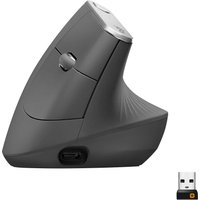 Ergonomic gray Logitech MX Vertical mouse with USB-C port and wireless receiver, featuring a sculpted design.