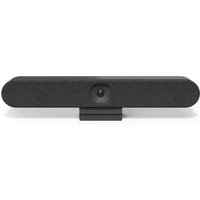 Graphite Logitech Rally Bar Huddle with central camera, sleek oval design, and textured fabric front.