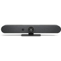 Logitech Rally Bar Mini, sleek black video conferencing bar with central camera and fabric speaker covering.