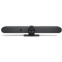 Black Logitech Rally Bar with central camera lens, fabric speaker covering, and sleek rectangular design.
