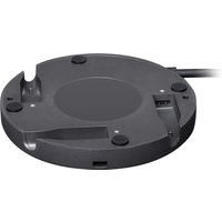 Black circular Logitech Rally Mic Pod Hub with multiple ports and cable connection.
