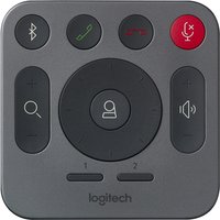 Black Logitech Rally remote with circular button layout, red mute button, and Bluetooth symbol on a square design.