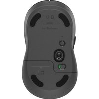 Gray Logitech Signature M650 mouse for Business, ergonomic design, visible sensor, and power switch on the underside.