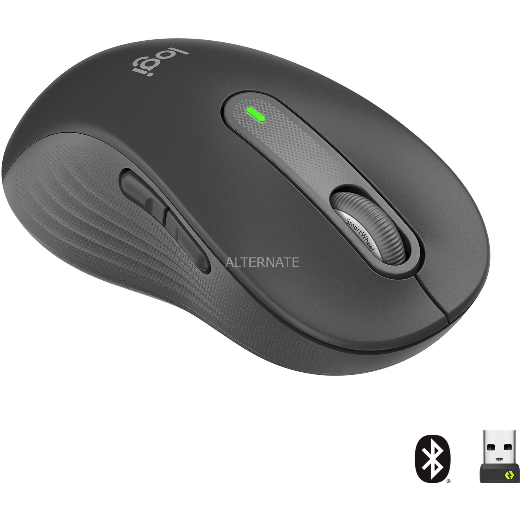 Wireless black Logitech keyboard and mouse combo featuring a sleek design, textured grip, and a green LED indicator on the mouse for connectivity status.