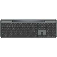 Graphite Logitech wireless keyboard with solar panel, slim design, UK QWERTY layout, and Bluetooth connectivity.
