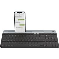 Logitech Slim Multi-Device Wireless Keyboard K580, gray with black keys, integrated smartphone cradle.