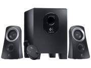 Logitech Z313 speaker system featuring two black satellite speakers with silver accents and a matching black subwoofer, including a control knob for volume adjustment.