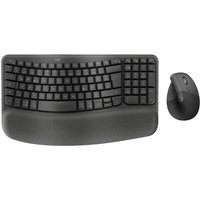 Ergonomic black Logitech keyboard with cushioned wrist rest and vertical mouse combo.