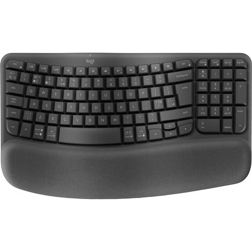 Wireless ergonomic keyboard with a curved design, featuring black keys, a cushioned wrist rest, and multimedia function keys for enhanced comfort and productivity.