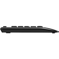 Black Logitech Wireless Combo MK345 keyboard side view with elevated keys and sleek, tapered design.