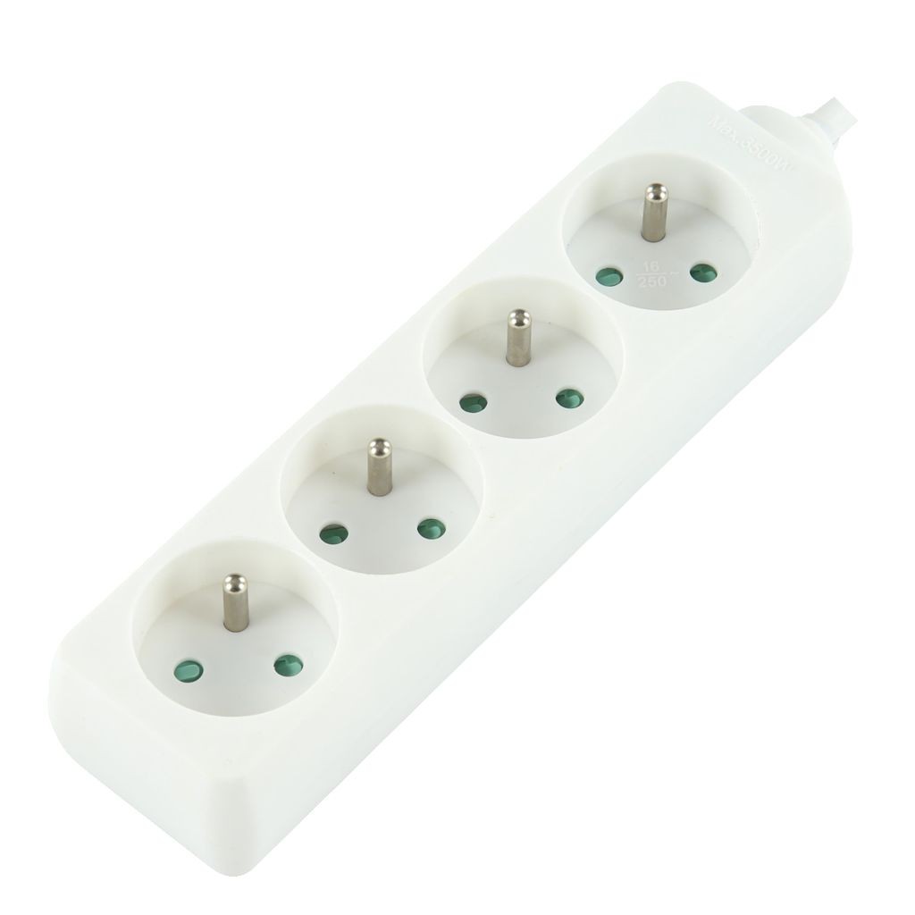 White four-way power strip with four grounded sockets, featuring a sturdy plastic design and a power cord for easy connectivity.