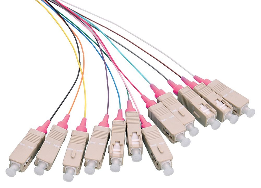 Twelve SC OM4 fiber optic connectors in beige with colored cables (pink, yellow, blue, green) for high-speed data transmission, designed for professional networking applications.