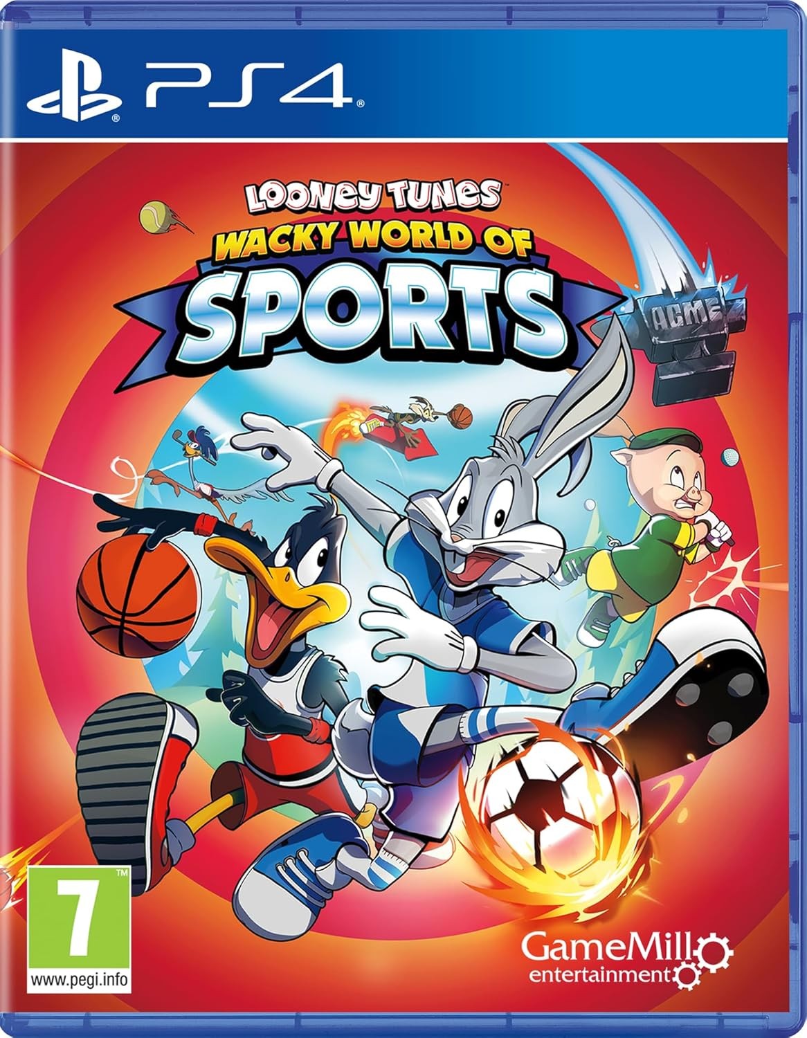 Colorful game cover featuring Bugs Bunny, Daffy Duck, and other characters engaged in various sports, with vibrant orange background and the PlayStation 4 logo prominently displayed.