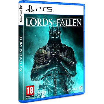 Lords of the Fallen PS5 game case featuring a dark, armored figure with a crown, set against a turquoise and black background, with bold white text and an age rating of 18.