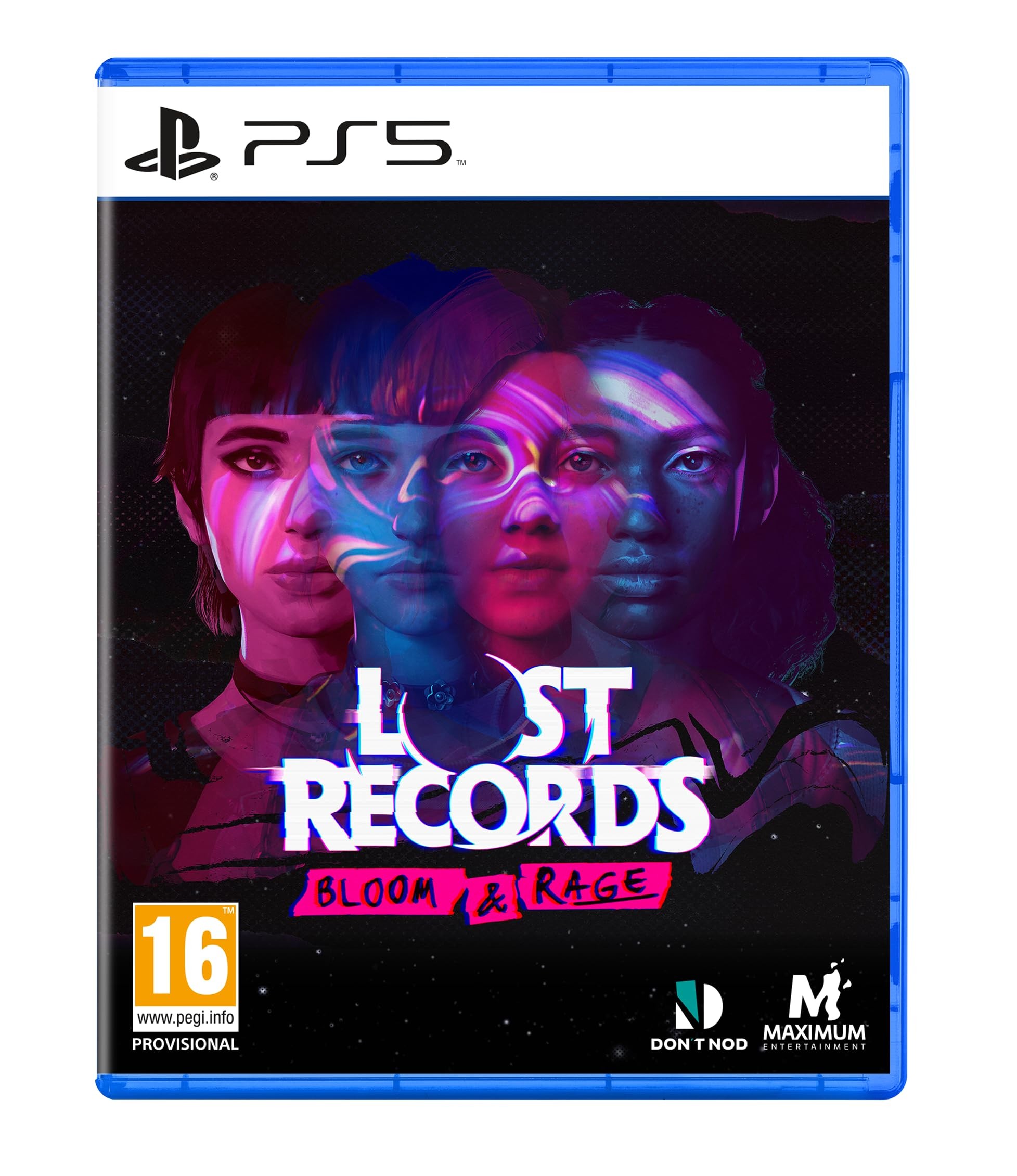 PS5 game case for "Lost Records: Bloom & Rage" featuring a vibrant cover design with three stylized faces in purple and blue hues, set against a black background.