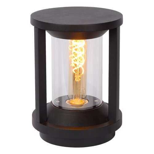 Modern black pedestal light with a cylindrical glass shade, featuring a visible filament bulb inside, designed for outdoor use with an IP65 rating.
