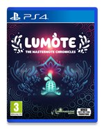 Bright blue PS4 game case featuring "Lumote: The Mastermote Chronicles" title in bold white letters, with a colorful, whimsical design and a glowing green character in the center.