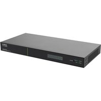 Luxul Wireless black network switch with 16 PoE+ ports, 2 combo RJ45/SFP ports, and LED indicators on the front panel.