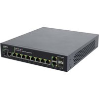 Luxul Wireless black network switch with 8 PoE+ ports, 2 RJ45, 2 SFP front-facing ports, compact rectangular design.
