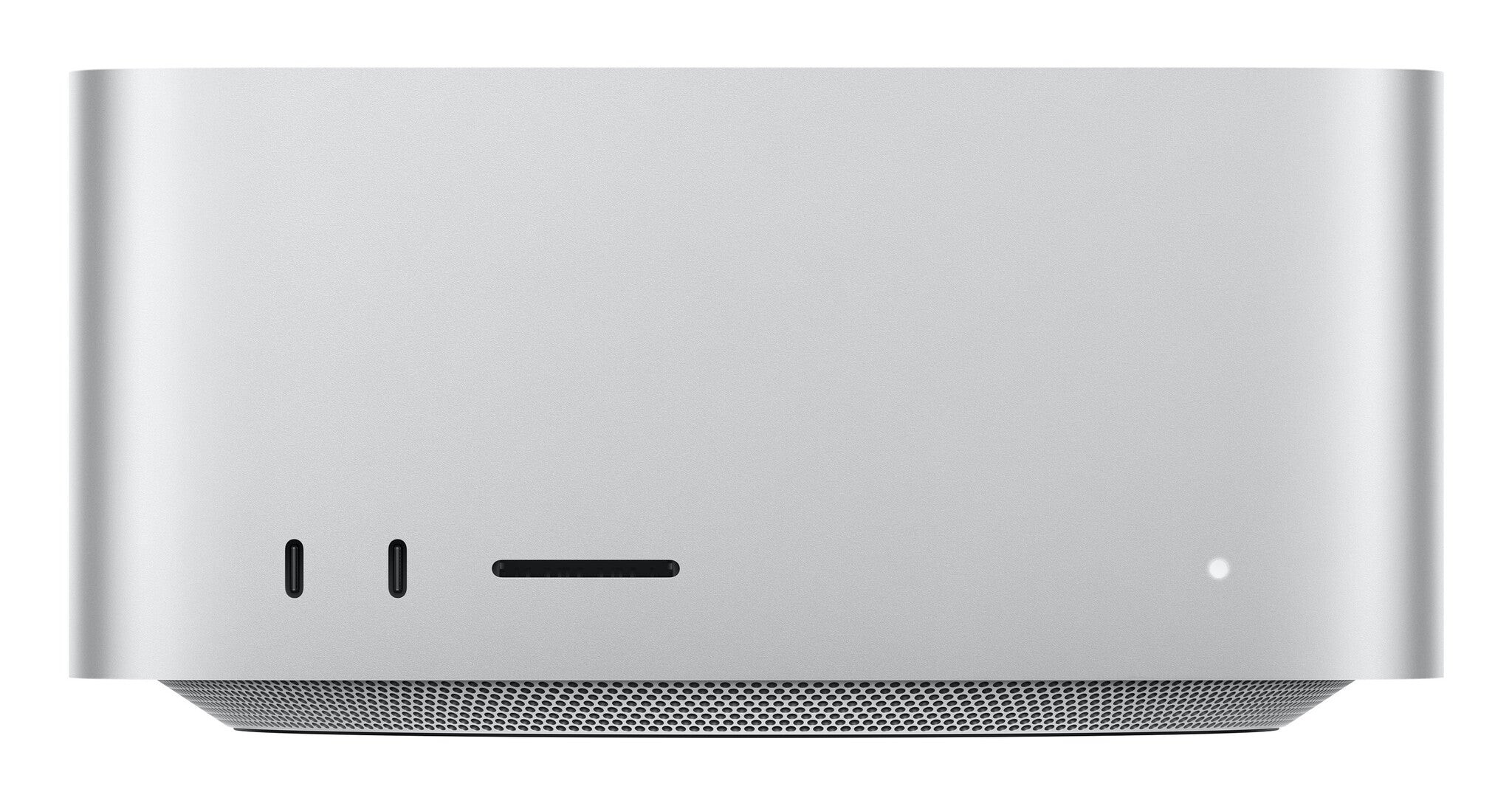 Silver Apple Mac Studio M4 Max desktop computer featuring a sleek, minimalist design with two USB-C ports, an SD card slot, and a subtle power indicator light.