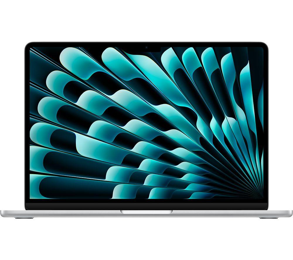 Silver Apple MacBook Air 13-inch featuring a sleek design, M3 chip, 8-core CPU, 10-core GPU, and a vibrant display with swirling teal patterns.