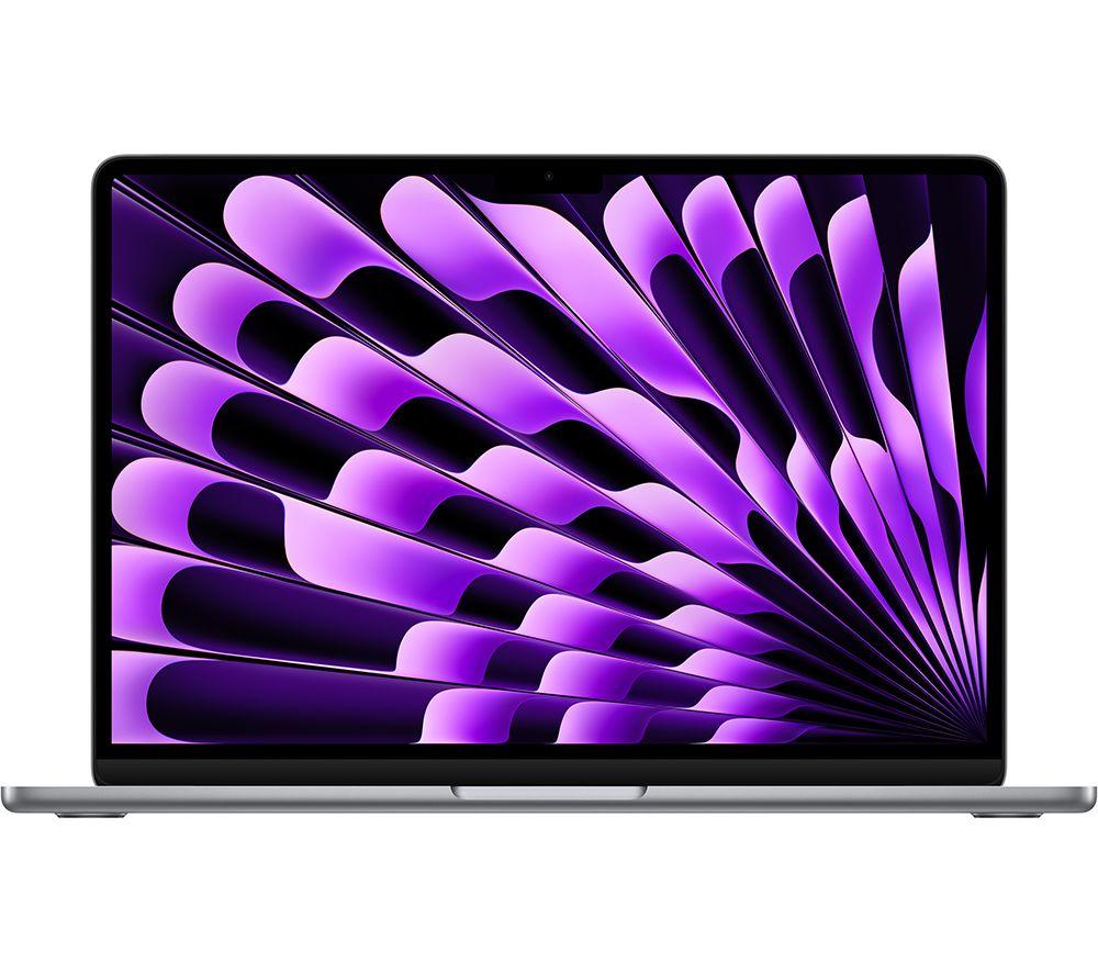 Silver Apple MacBook Air 13-inch featuring an M3 chip, 8-core CPU, and 10-core GPU, with a vibrant purple abstract wallpaper on the Retina display.
