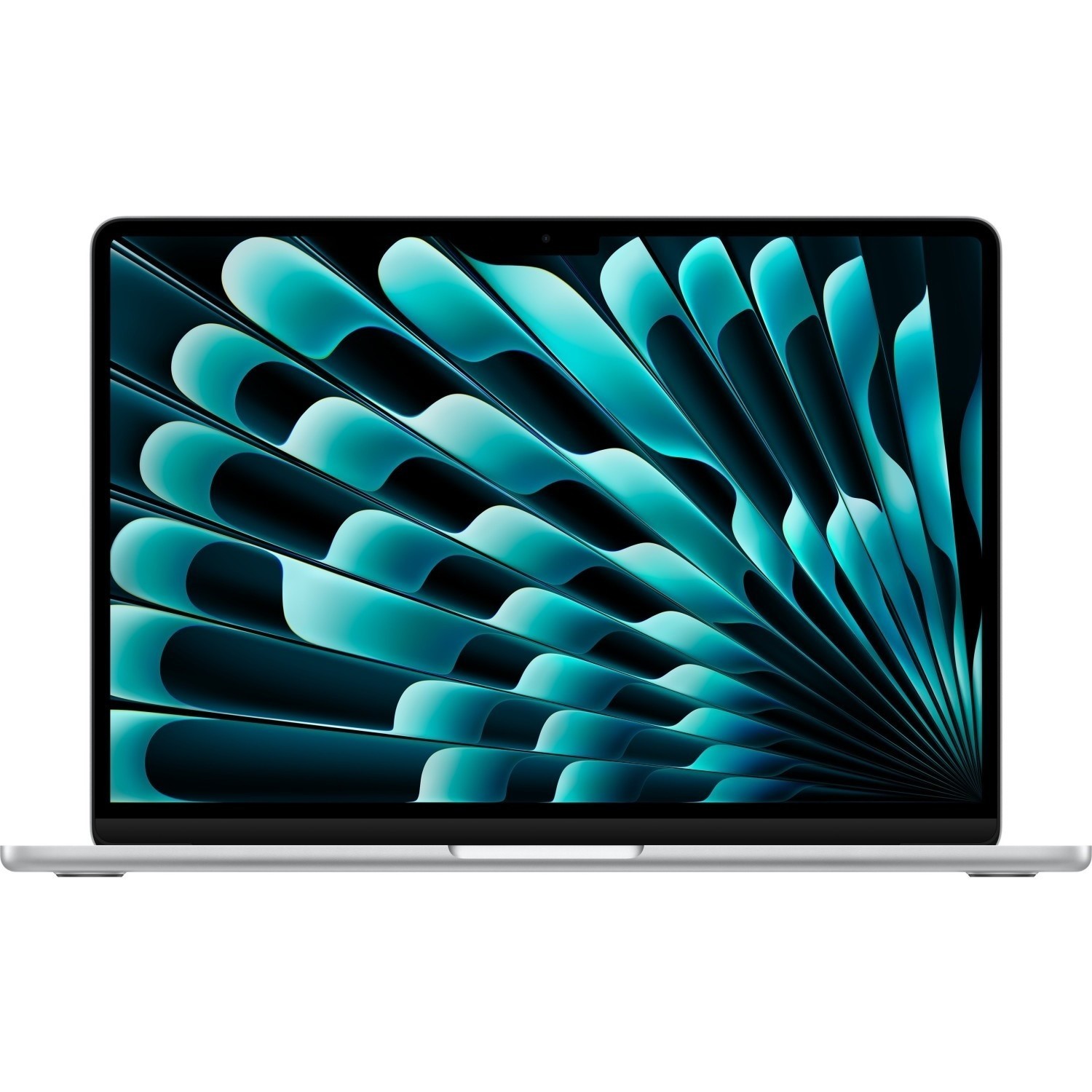 Silver Apple MacBook Air 13-inch with M4 chip, featuring a sleek aluminum body, 16GB RAM, 256GB SSD, and a vibrant display showcasing abstract teal patterns.