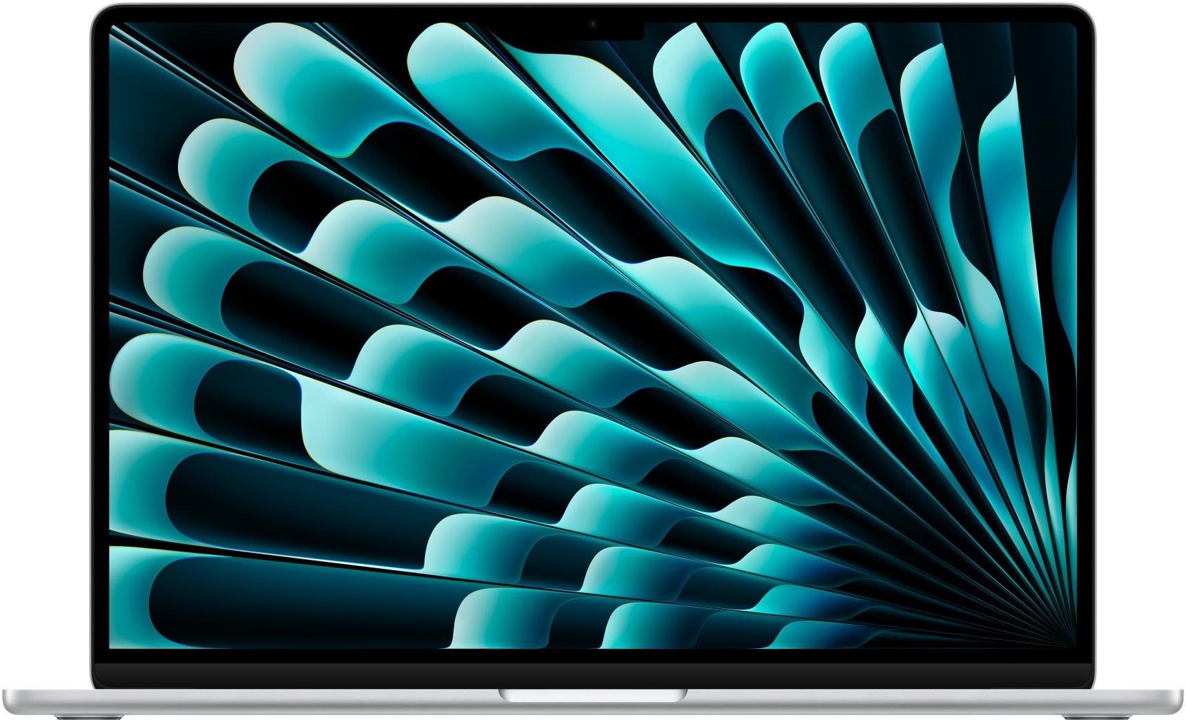Silver Apple MacBook Air with a 15.3-inch display, featuring an M2 chip, 8GB RAM, and 512GB SSD, showcasing a vibrant abstract design on the screen.