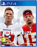 Madden 22 for PlayStation 4 features a blue case with two male athletes on the cover, wearing football jerseys, showcasing team logos and the game's title prominently displayed.