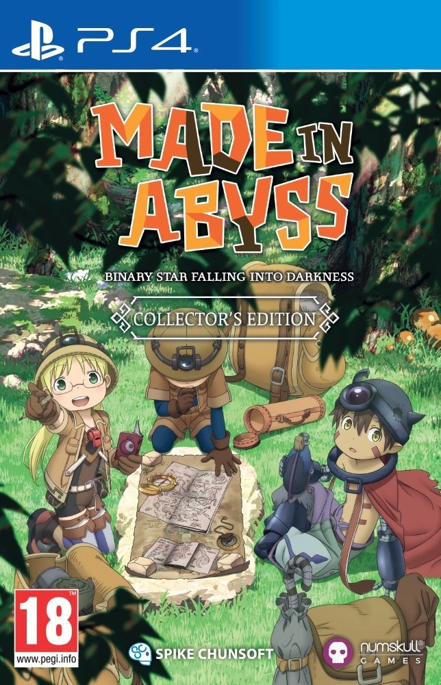 Collector's Edition PS4 game "Made in Abyss: Binary Star Falling Into Darkness" features vibrant artwork with characters in explorer outfits, set against a lush green background.