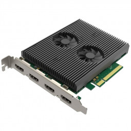 MAGEWELL Pro Capture Dual HDMI 4K Plus LT features a green circuit board with a large black heatsink and dual fans, equipped with four HDMI ports for high-definition video capture.