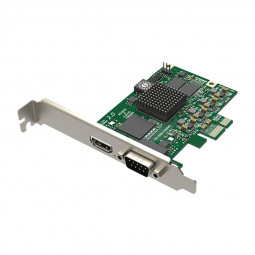 Green circuit board with a silver metal bracket, featuring an HDMI port and a DB-15 connector, showcasing various electronic components and a heat sink.