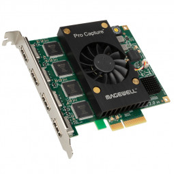 MAGEWELL Pro Capture Quad HDMI capture card featuring a green circuit board, four HDMI ports, a black cooling fan, and a PCIe connector for installation in a computer.