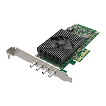Green circuit board with a large black heatsink and fan, featuring three SDI input ports, designed for 4K video capture.